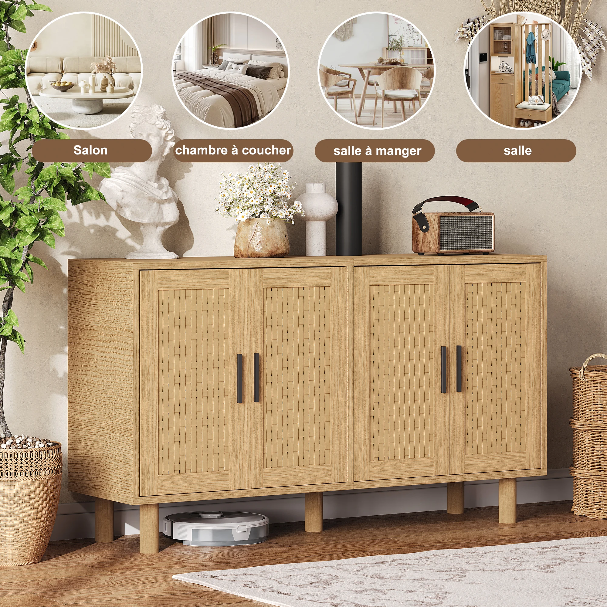 Moderne Aufbewahrungsmöbel, Buffet-Schrank für das Wohnzimmer mit LED, 4 Türen, 2 Schubladen, verdeckte Türgriffe, Küche oder Eingangsbereich, Schwarz – Detail 6