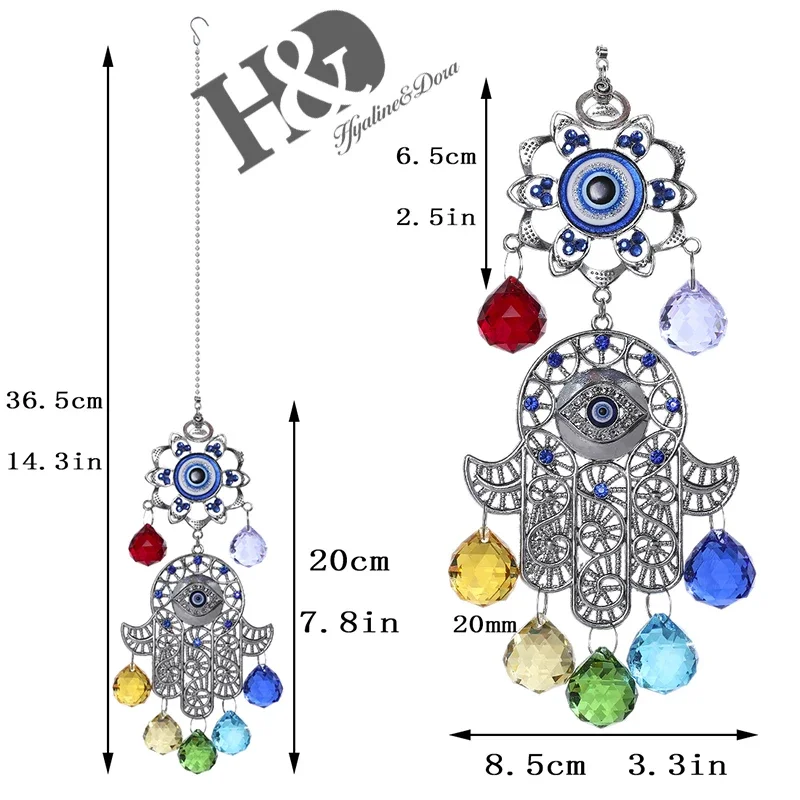 H&D DIY Lucky Hamsa Turkish Blue Evil Eye Crystal Charm Suncatcher Pendant Wind Chime Amulet Home Wall Garden Hanging Decoration