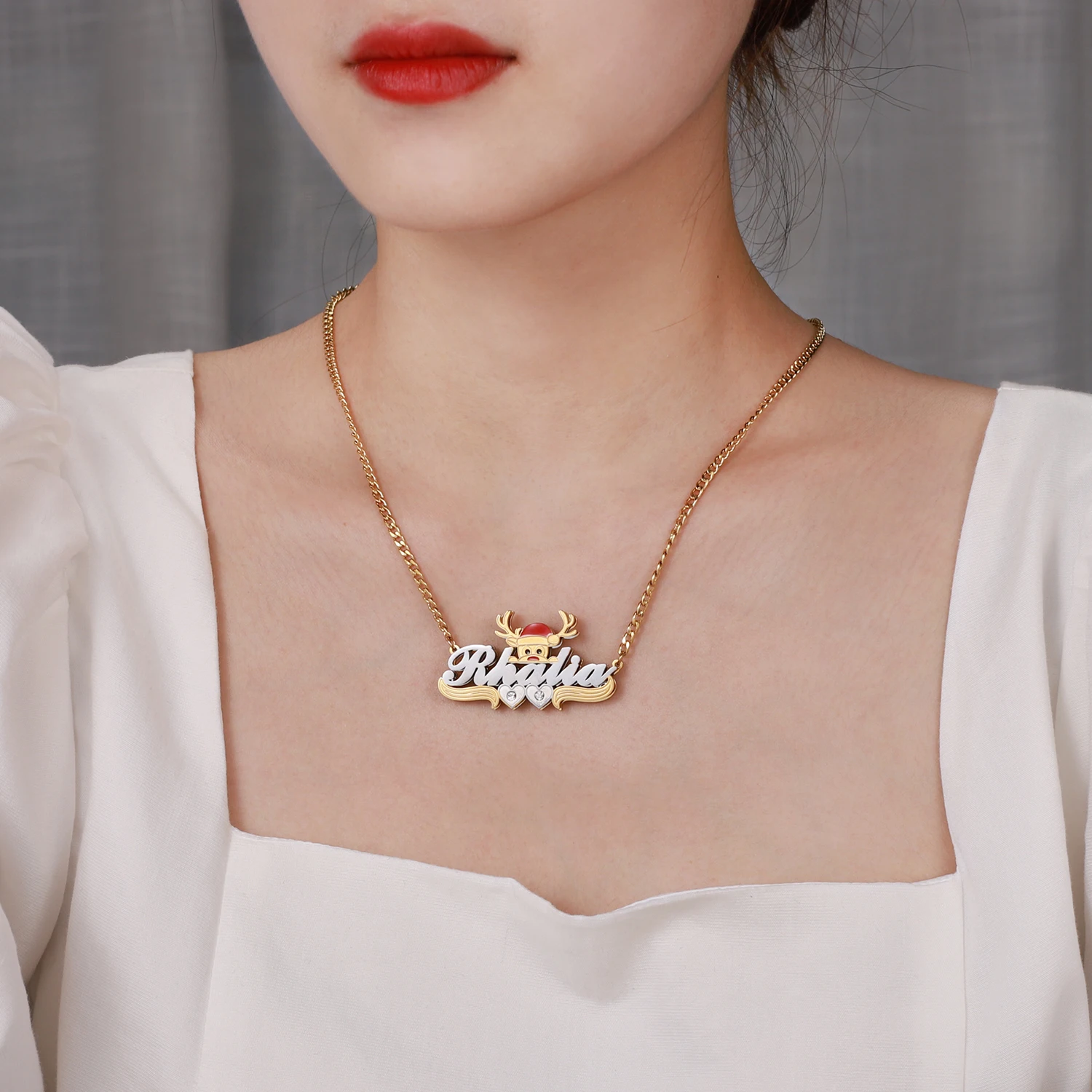 2024 Custom Name Necklace Personalized Elk Double Layer Two Tone 14K Gold Plated Double Heart Necklace For Women Christmas Gift