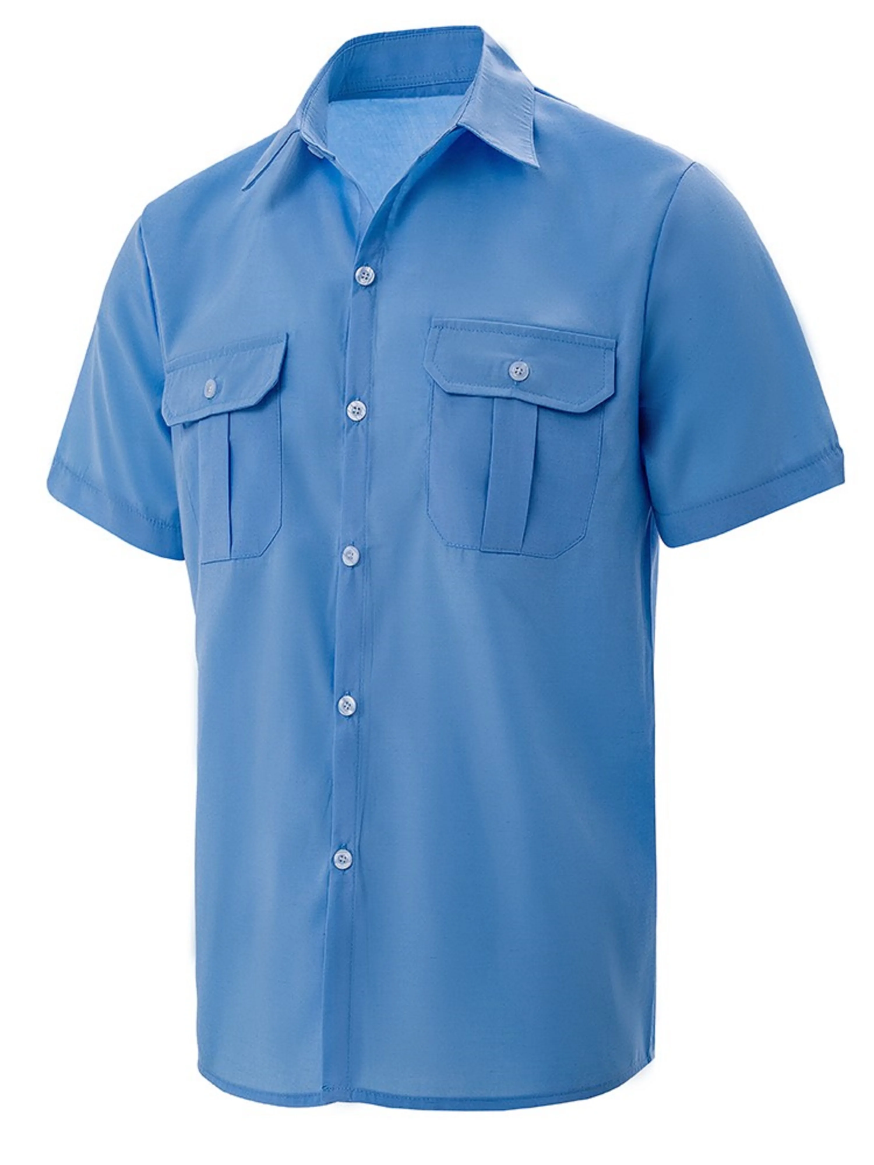 Men's Summer Lapel Solid Short Sleeve Shirt with Two Pockets Casual Button Comfort Cardigan 2