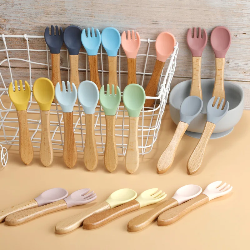 TYRY.HU 1Set Baby Silicone Fork Spoon Set Wooden Handle Children Silicone Feeding Fork Spoon Set Christmas Gift Birthday Gift 3