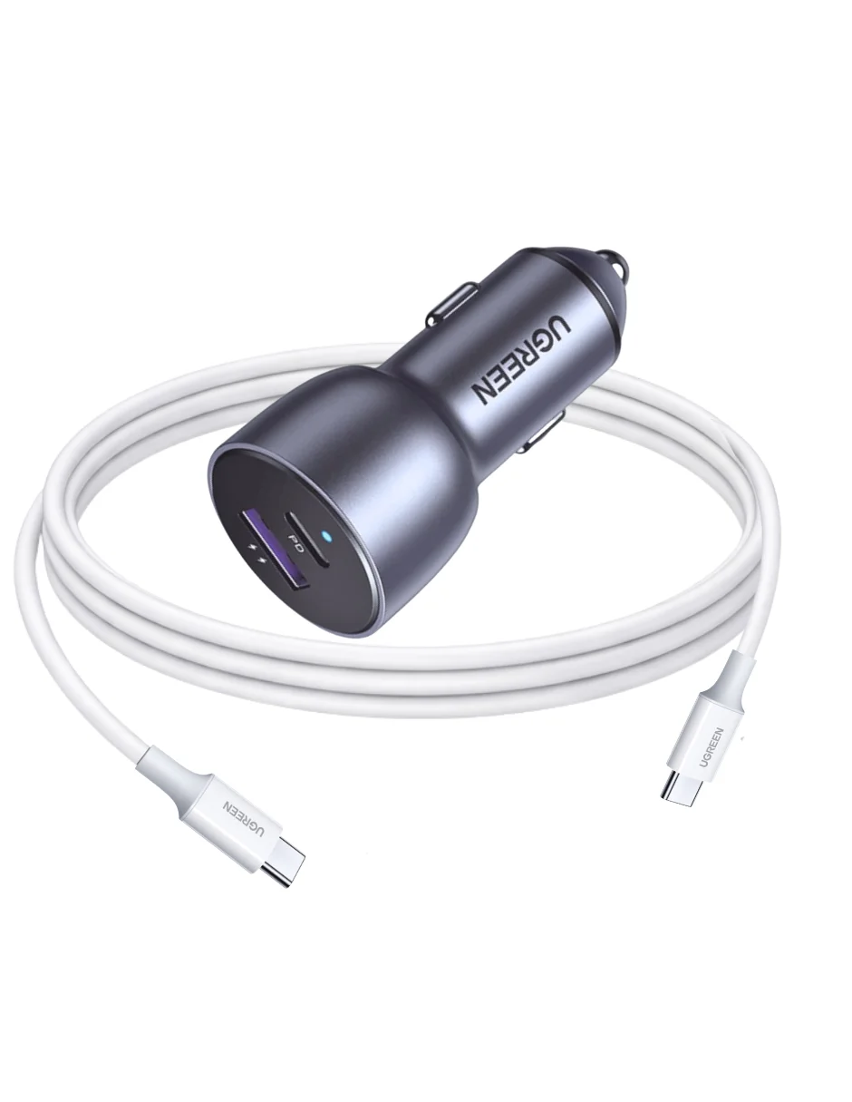 Cargador Dual de Auto Ugreen 52.5W + Cable USB C a C 3A 1m Blanco