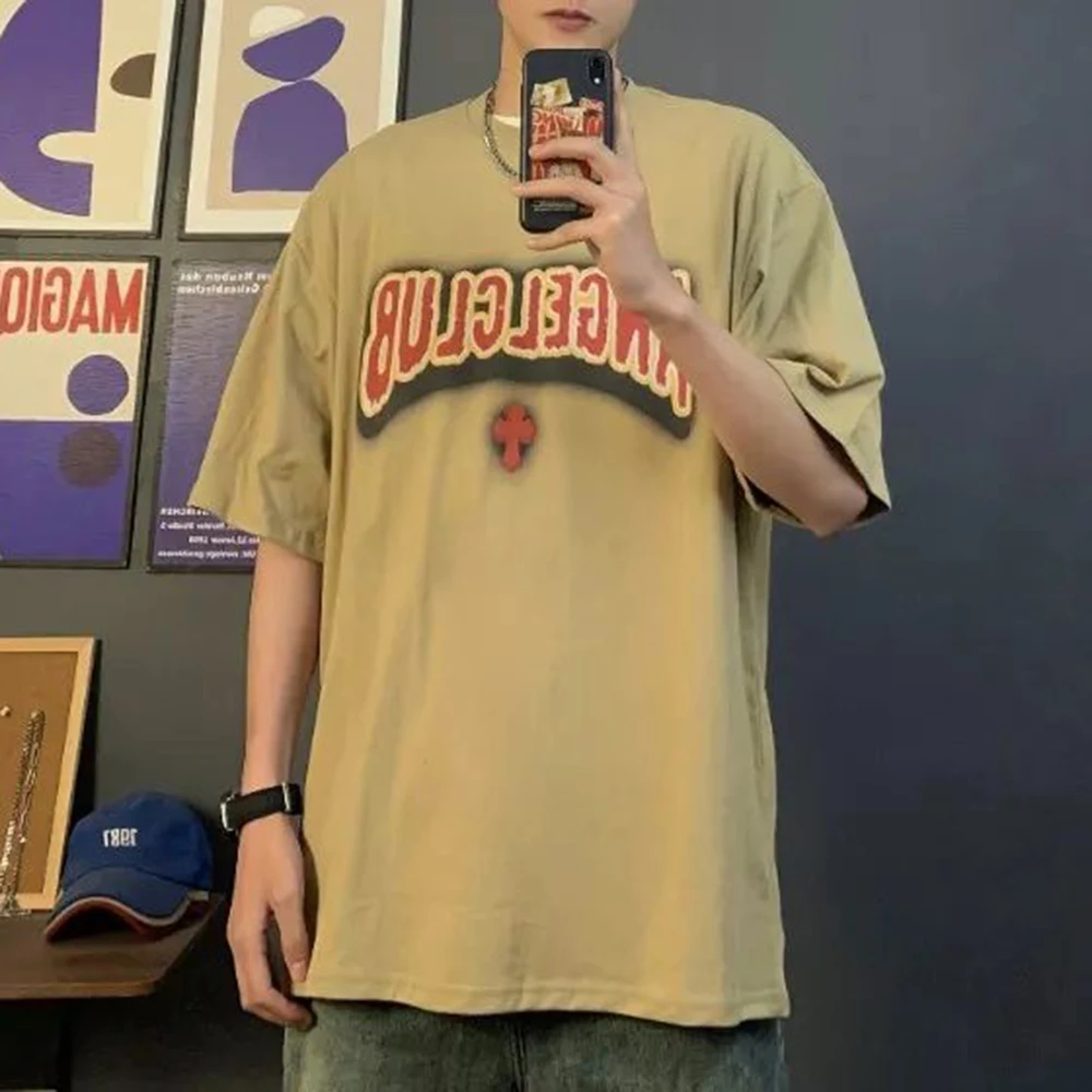 

Уличная американская Ретро Рок хлопковая Повседневная футболка с коротким рукавом Летний кросс-принт граффити Универсальный хип-хоп топ мужская одежда