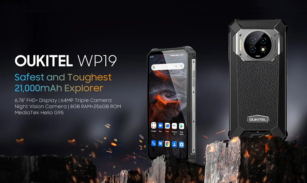 Oukitel WP19 Rugged Night Vision Smartphone, Cell Phone, Mobile Phone, 21000 mAh, 8 GB, 256 GB, 64M Camera, 90 Hz Helio G95