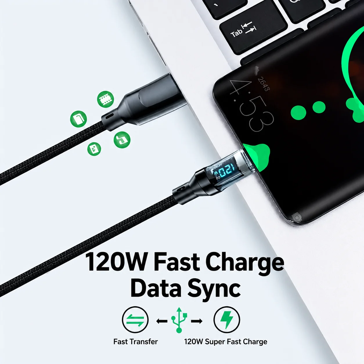 High-Power LED Display USB-C Fast Charging Cable with 480Mbps Data Transfer - Durable Nylon Braided Cord
