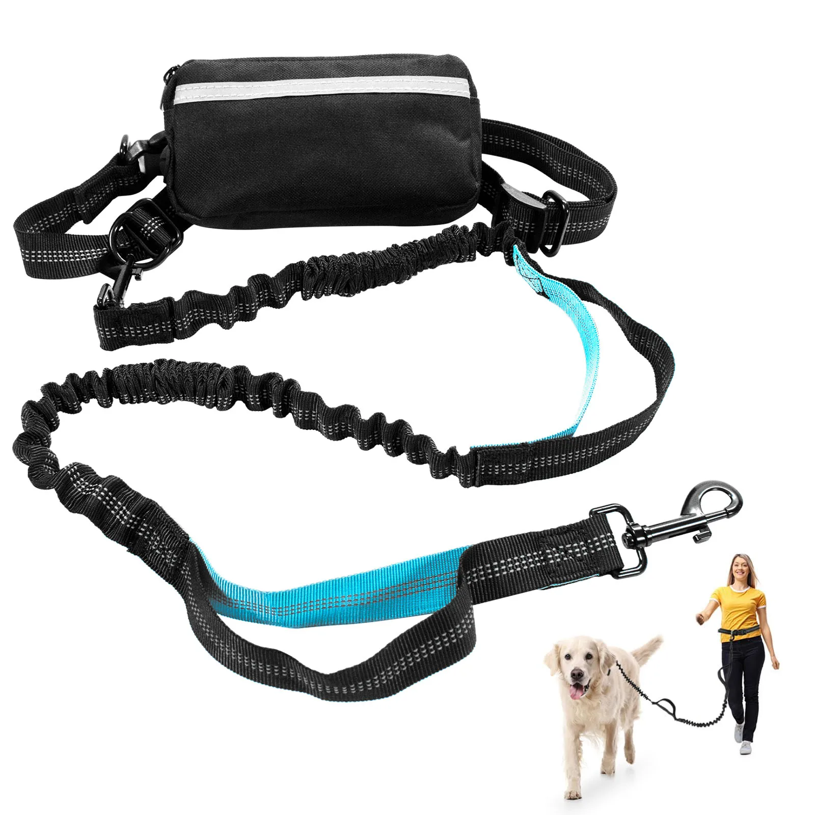 Dog Traction Rope Multi-functional Traction Leash with Waist Pack Reflective Pull Strap Dog Traction Stretch Leash for Training Jogging Hiking