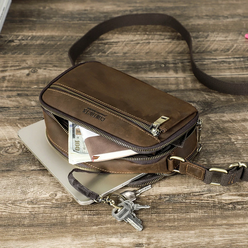 CONTACT'S Genuine Leather Men's Bag Small Messenger Bag Vintage Crossbody Bags Travel Strap Shoulder Bags Handbag Male Luxury