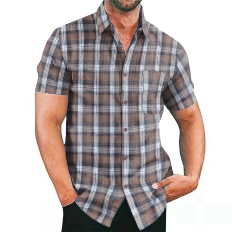 Tiki Men Casual Plaid Flannel Shirt Men's Clothing Short-Sleeved Chest Pocket Design Men's Striped Shirts Printed-Button S-3XL