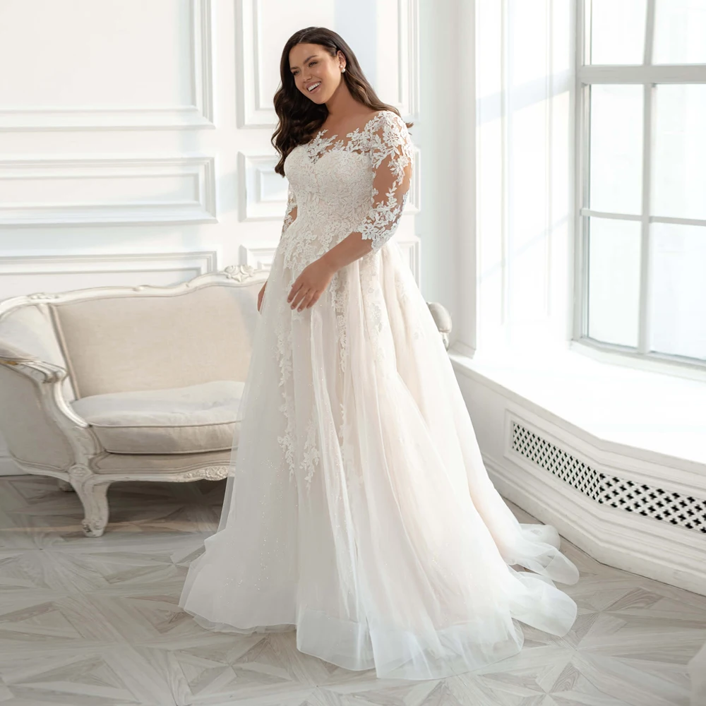 

Challoner Eleagnt A-Line Wedding Dress Plus Size 3/4 Sleeves Lace Appliques Button Back Tulle Bridal Gown Vestido De Noiva New