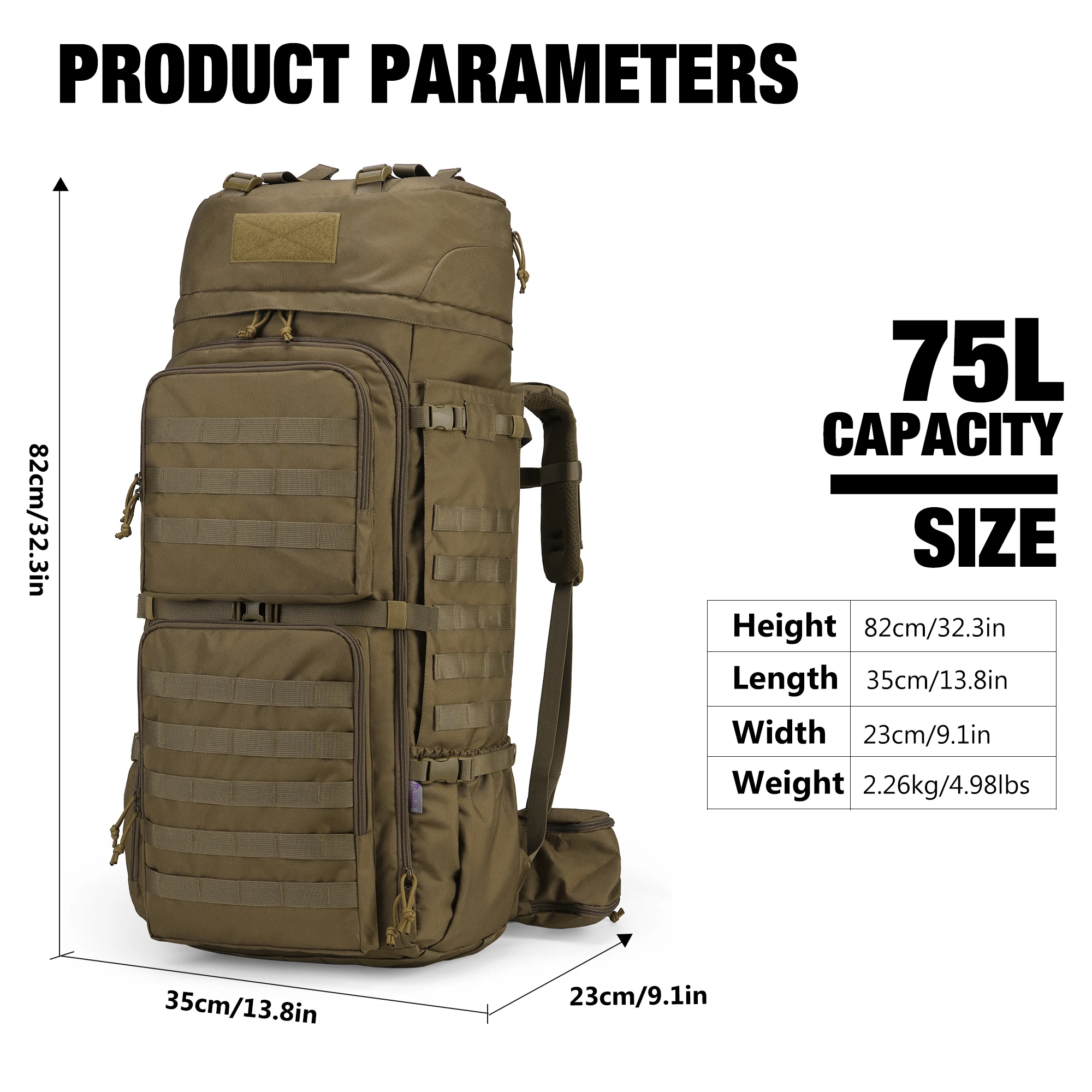 Mardingtop 75L Molle Hiking Internal Frame Backpack with Rain Cover for Camping Bushcraft Military