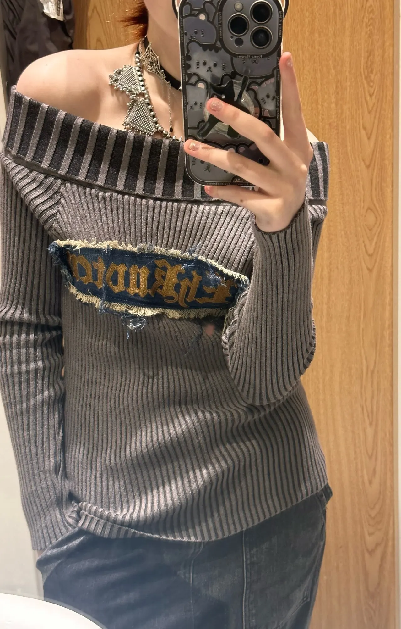 Slash Neck Vintage Letter Embroidery Gothic Sweater photo review