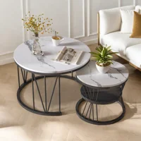 Ensemble de 2 tables basses rondes Superaly, table d'appoint empilable avec cadre en métal noir en forme de V et motif marbré, table de canapé moderne 3