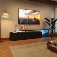 Современный шкаф под телевизор, подставка под телевизор со светодиодной подсветкой и глянцевой отделкой, практичное место для хранения вещей, деревянный вид, стеклянные полки, низкая панель под телевизор для гостиной, столовой и спальни, черный — изображение 5