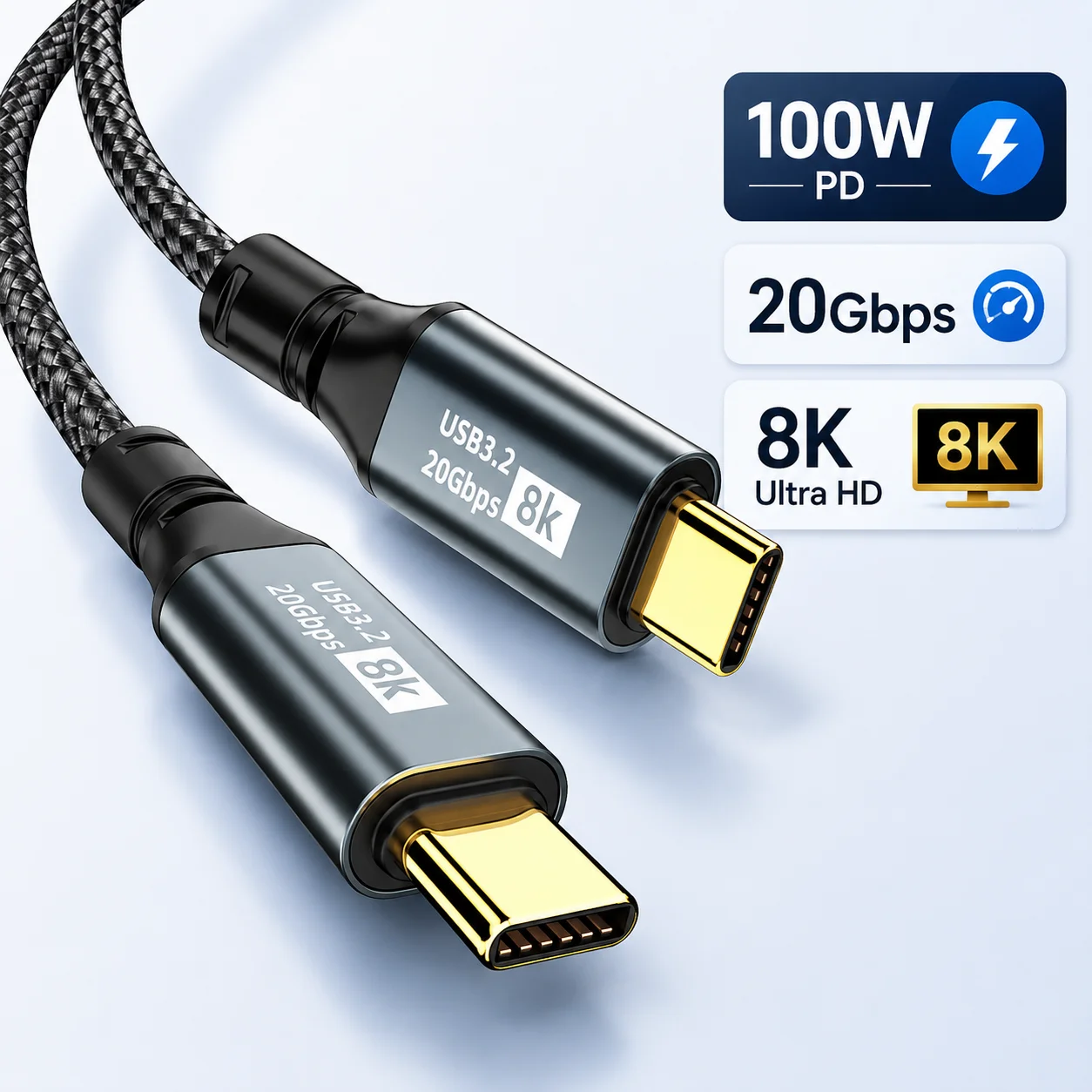 High-Speed 100W USB-C to USB-C Nylon Braided Cable with 8K Video Output