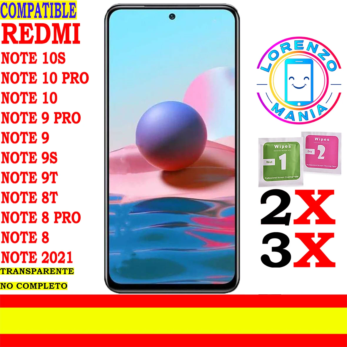 Compatibile Xiaomi Redmi Note 10S, Note 10 Pro, Note 10 5G, Note 10, Note 10, Note 9 Pro, Note 9, Note 9S, Note 9T, Pellicola Salvaschermo Generale, N