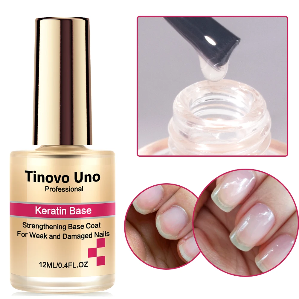 Tinovo Uno Keratin Base Coat Nail Strengthener For Weak Damaged Nails 12ML Air Dry Organic Ridge Filler Nail Polish Treatment nail strengthener