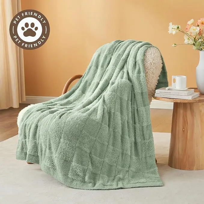 50x60 Inch Faux Fur Throw Blanket - Solid Sage Green Checkered Design, Microfiber Yarn, Cozy and Warm, Perfect for Couch, Sofa, 2
