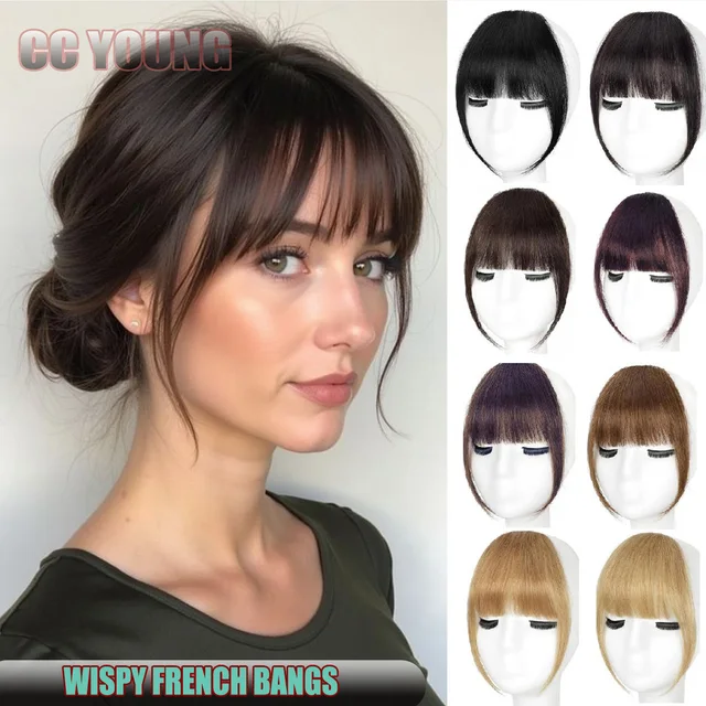 Wispy français frange de cheveux humains pince sur frange d'air légère pour les femmes usage quotidien noir, brun,bourg, blond couleur frange Extensions de cheveux 1