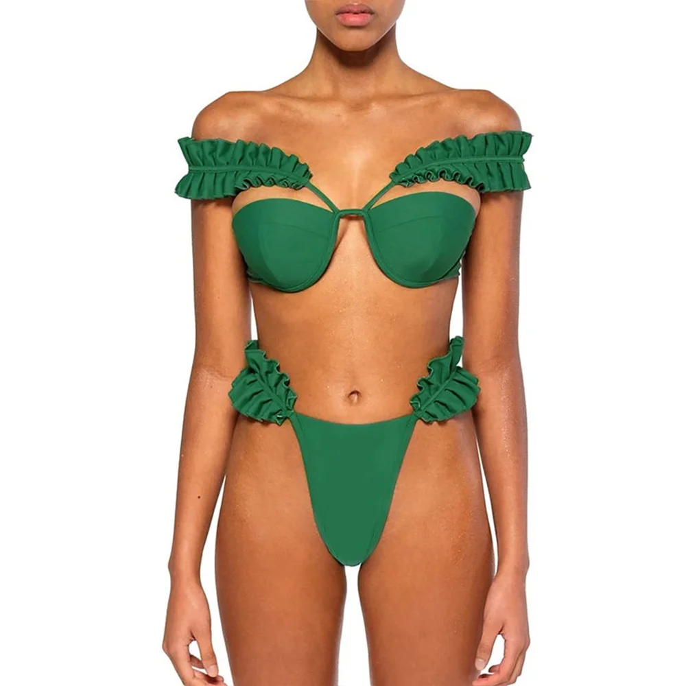 

Fashion Sexy Ruffled Bikini Tight Women's Bandage Swimsuit Thong Two Pieces Tankini Women Swimming Suits Swimwear Patchwork
