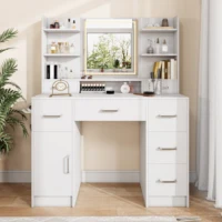 Анаджqaqia Стеклянный туалетный столик со многоцветной светодиодной подсветкой и держателем для фена, с USB-зарядкой и ящиками для хранения, белый — изображение 2