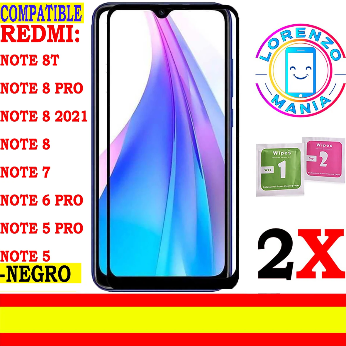 2 X Xiaomi Redmi Note 8T Proteggi Schermo Compatibile, Redmi Note 8 Pro, Redmi Note 8 2021, Redmi Note 7, Redmi Note 6 Pro, Redmi Note 5 Pro, Redmi No