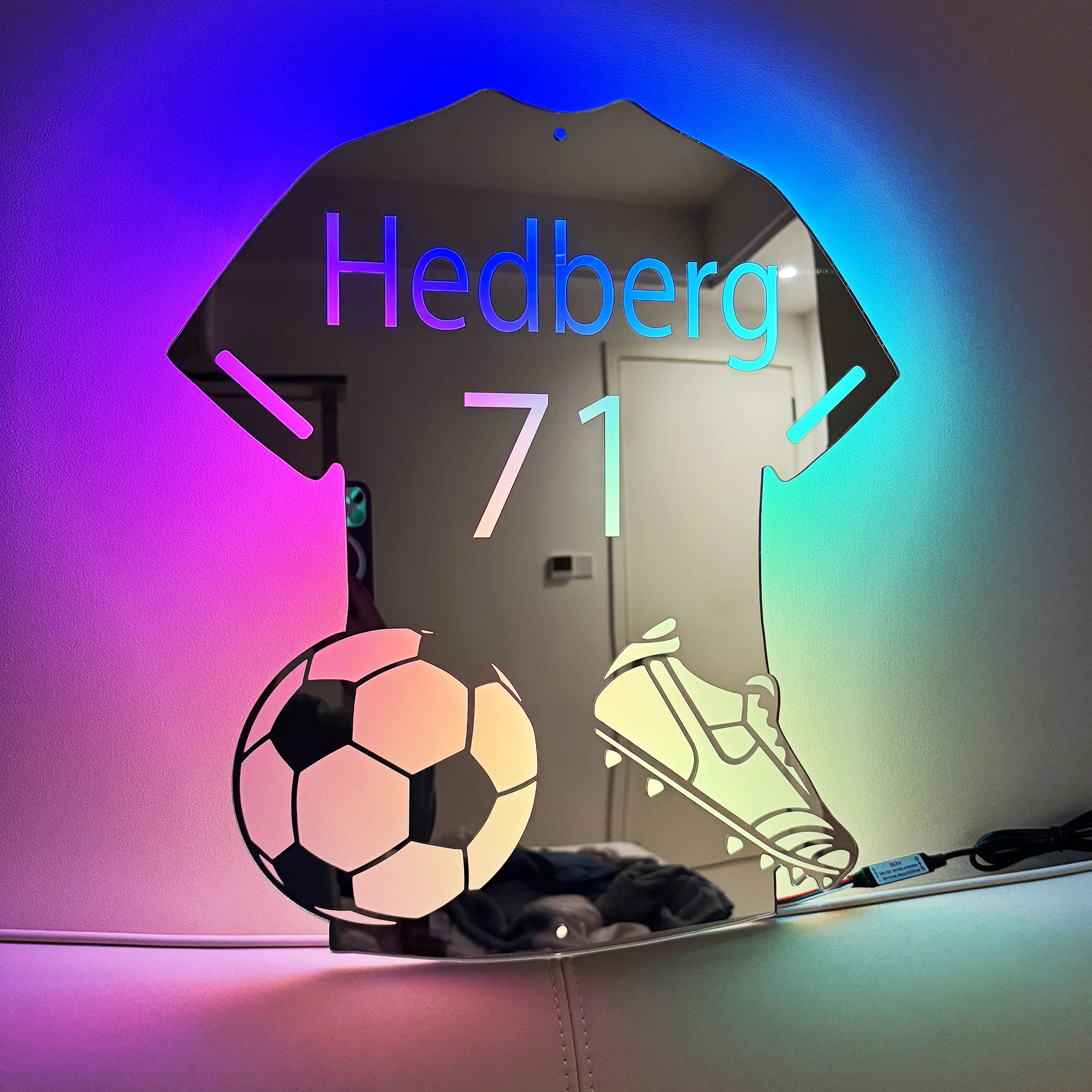 Personalised LED Football Shirt Mirror Light Custom Name/Number USB Wall Decor Birthday/Father&rsquo;s Day Gifts for Football Fans