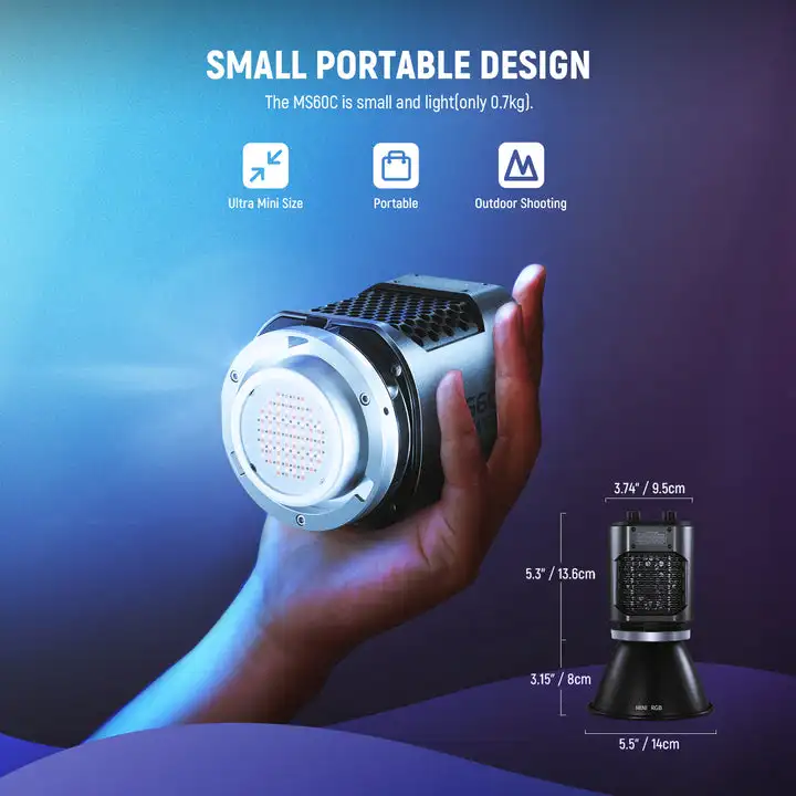 NEEWER RGBWW LED 비디오 조명, 2.4G 앱 제어, 65W 금속 미니 RGB COB 연속 출력 조명, 보웬스 마운트 MS60C