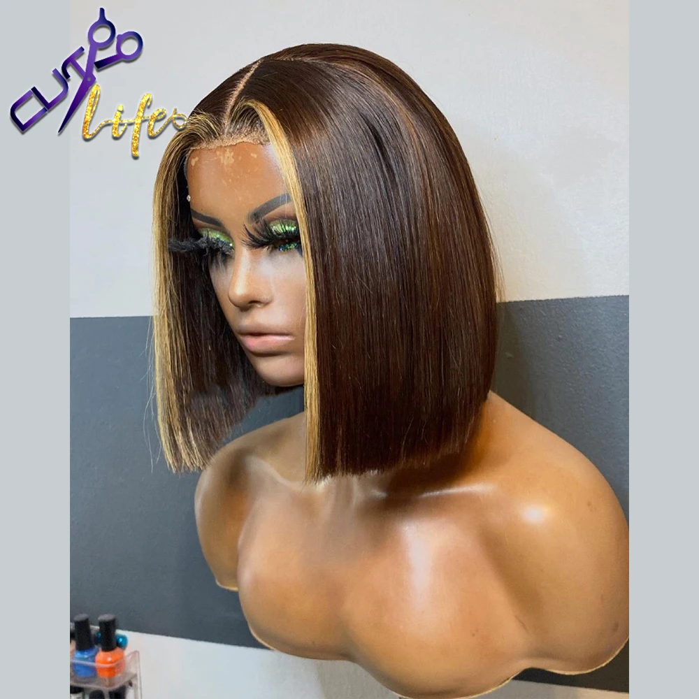 Short Bob Blunt Wig 13x4 Lace Front Wig Brazilian Human Hair 13x6 Lace Frontal Highlight Brown 4x4 Closure
