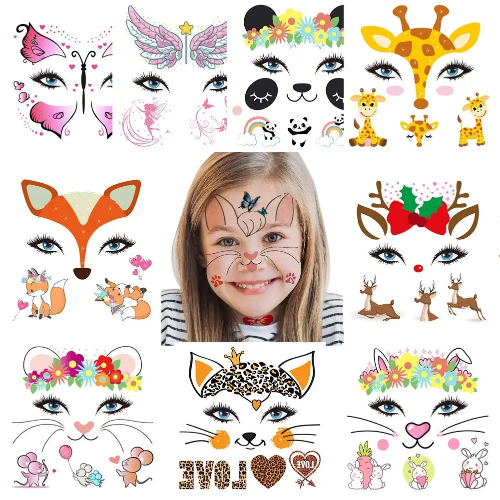 10pcs Animal Temporary Face Tattoo Sticker Set For Kids Water Transfer Butterfly Panda Floral Body Paint Sticker Halloween Decor