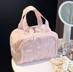 Compact Quilted Travel Toiletry and Makeup Bag - Stylish, Lightweight, Large Capacity with Dry/Wet Separation (Pink)