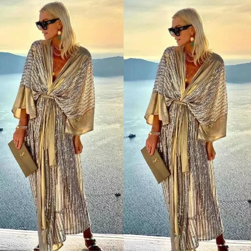 Abito da donna elegante stile elegante Cardigan con paillettes Party Holiday abito lungo con scollo a v con maniche a pipistrello in stile spiaggia