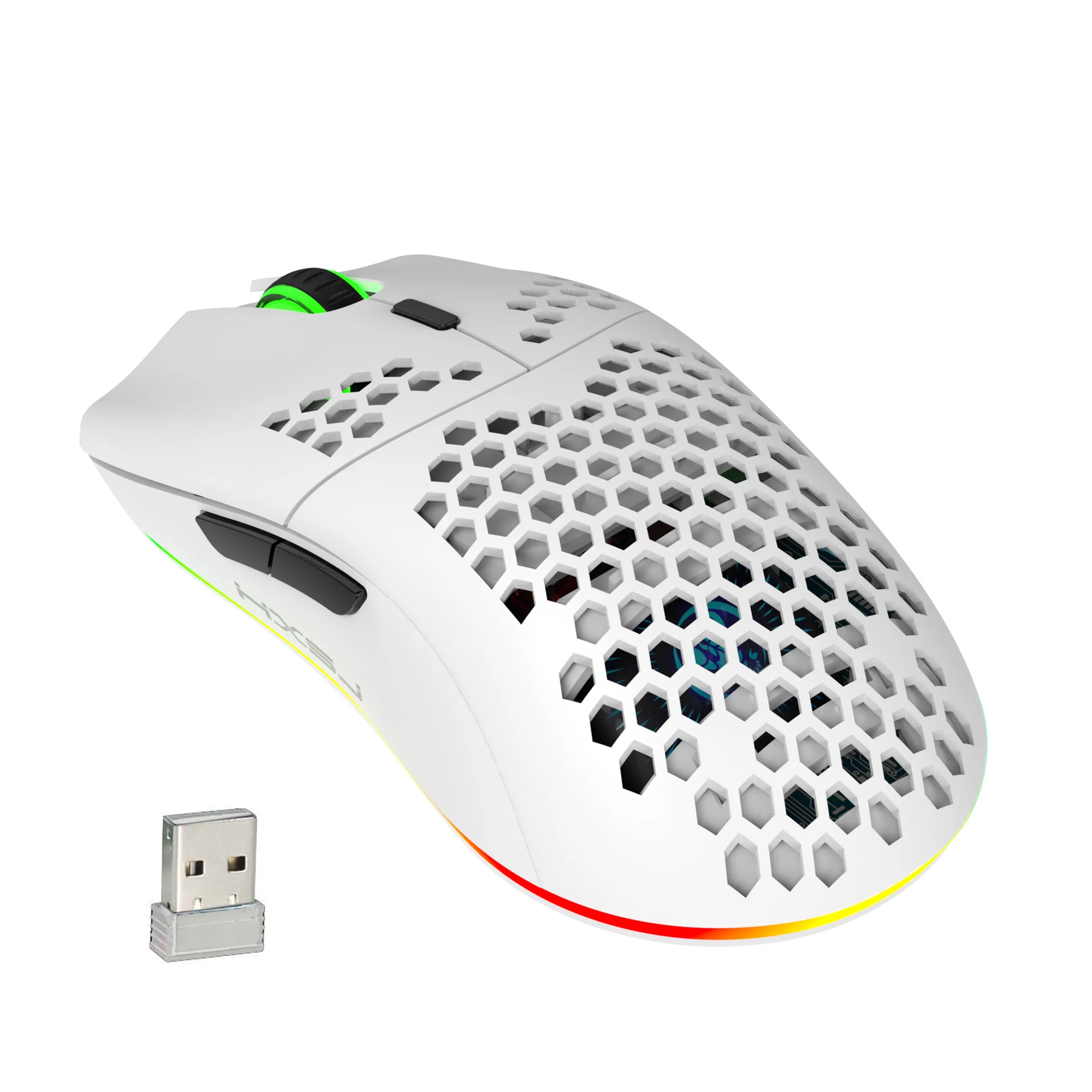 Mouse wireless 2.4G con batteria ricaricabile incorporata, illuminazione RGB, design a nido d'ape, USB plug-and-play
