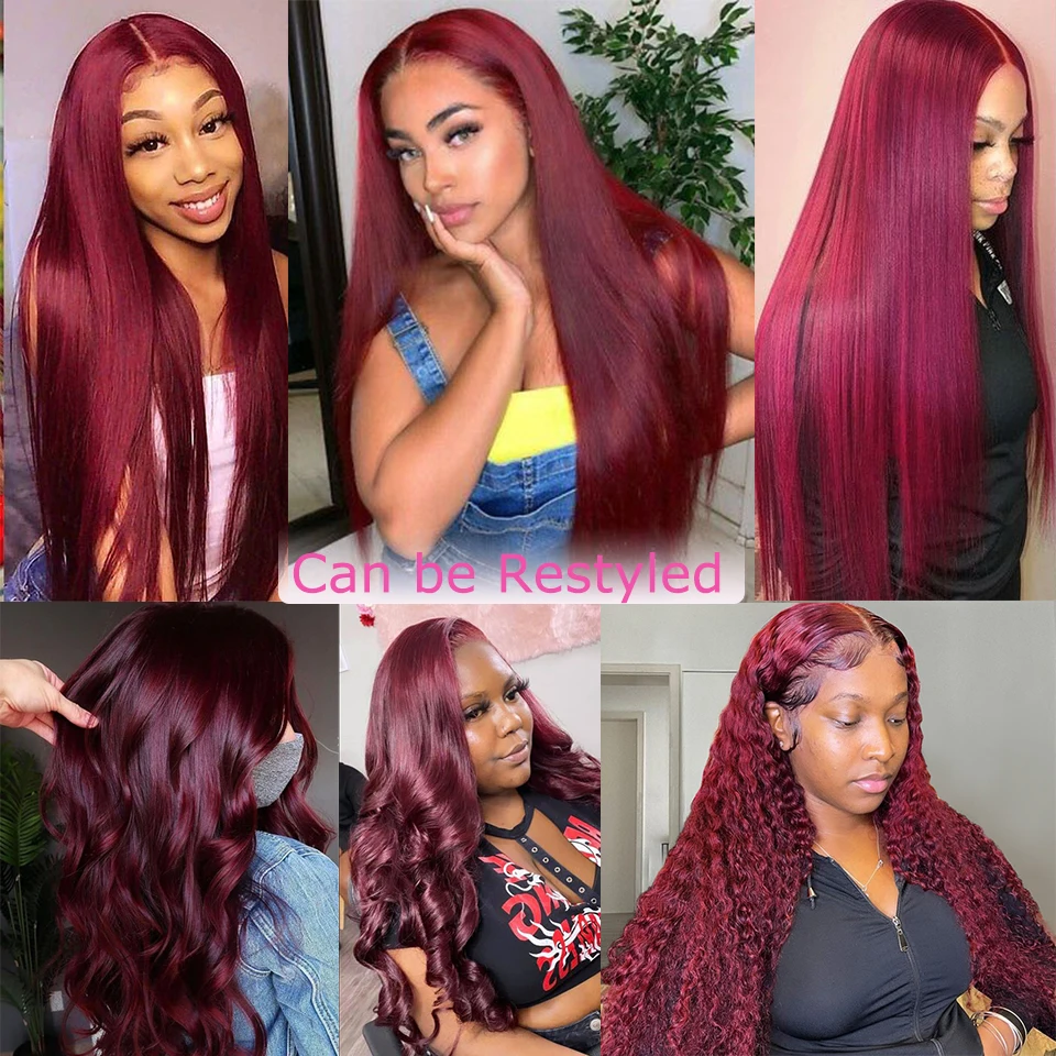 Burgundy Lace Front Human Hair Wigs 99J Straight HD Transparent 4X4 Lace Closure Wig For Women Pre Plucked Remy Colored 30inch