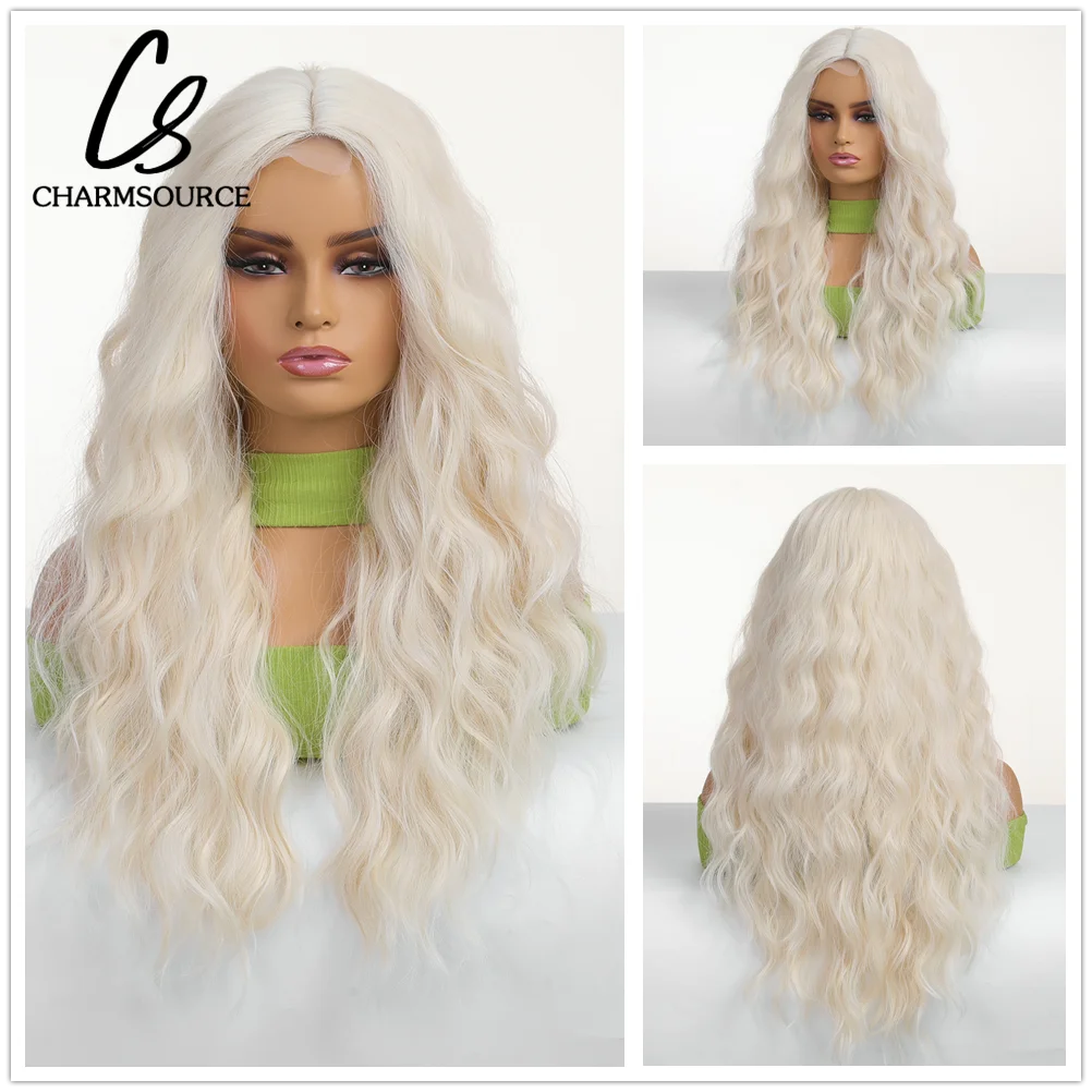 

CharmSource 4x1 Hairline Lace Wigs White Curly Synthetic Long Wavy Wigs Dark Root for Women Cosplay High Density Hair Wig