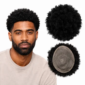 Parrucchino da uomo in capelli umani ricci africani, ≥98% capelli umani veri, copertura completa, pizzo traspirante, ricci naturali morbidi, confortevole e sicuro
