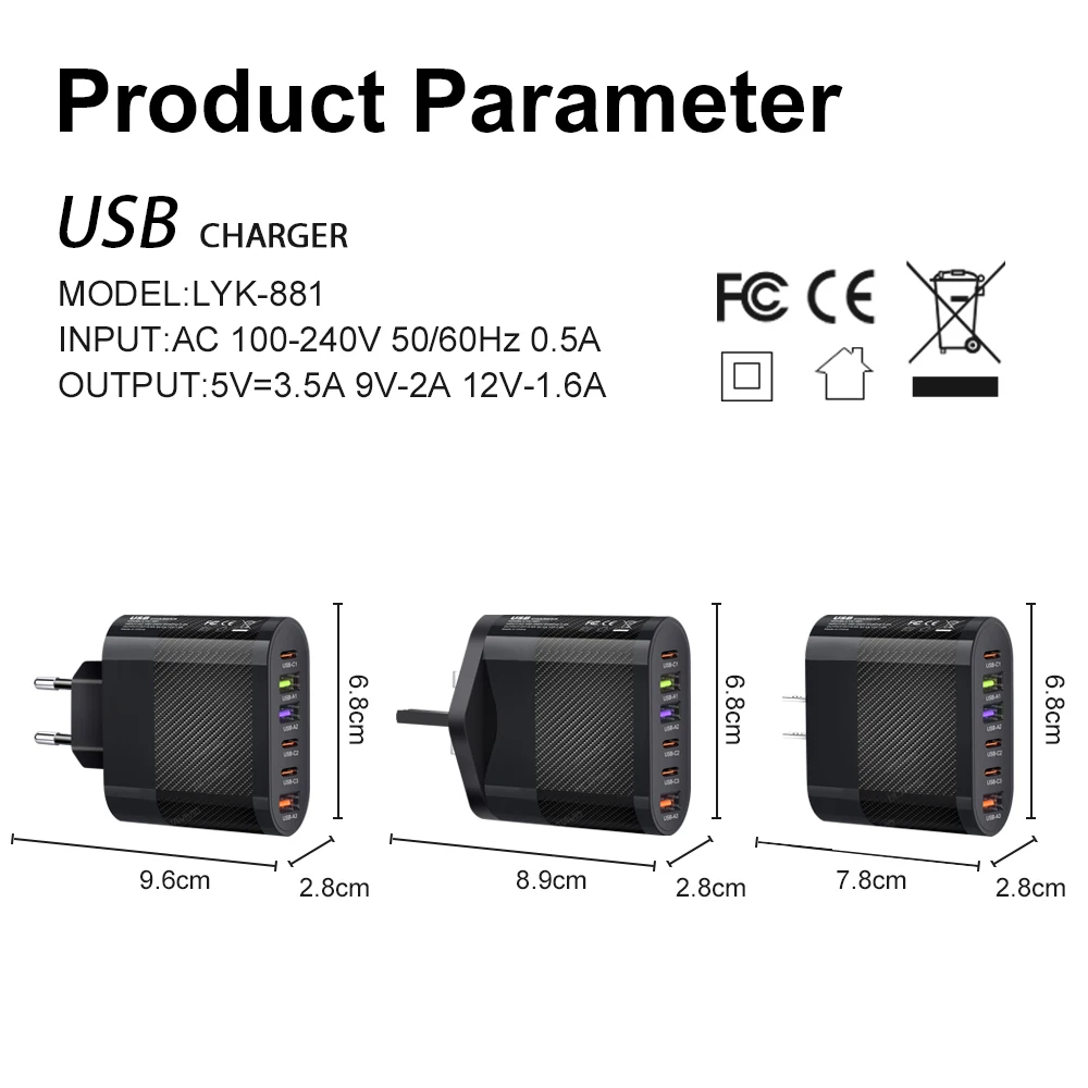 3.1A 5-Port USB PD Charger Adapter Fast Charging QC 3.0 Wall Plug for Xiaomi iPhone 15 16 Samsung Mobile Phone Power Charging