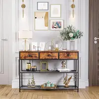 38" Console Sofa Table with 3 Fabric Drawers - Industrial Design with Storage Shelves - Rustic Brown Finish 2