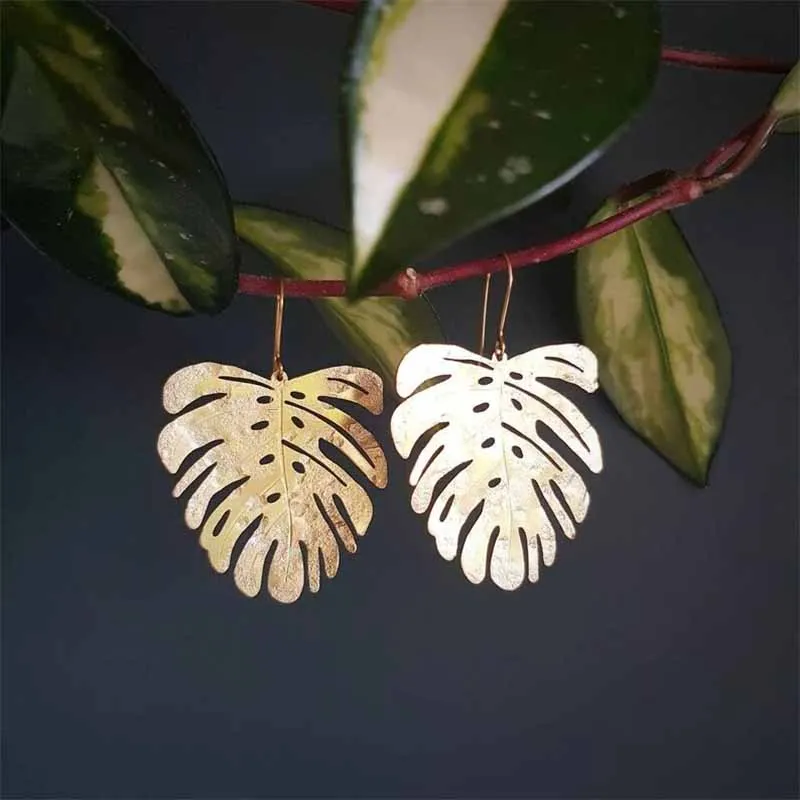 

Beaten Brass Earrings, Gold Tempest 'Tropic' Large Monstera Leaf Hammered Statement Earrings, Bridal, Ready to Gift.