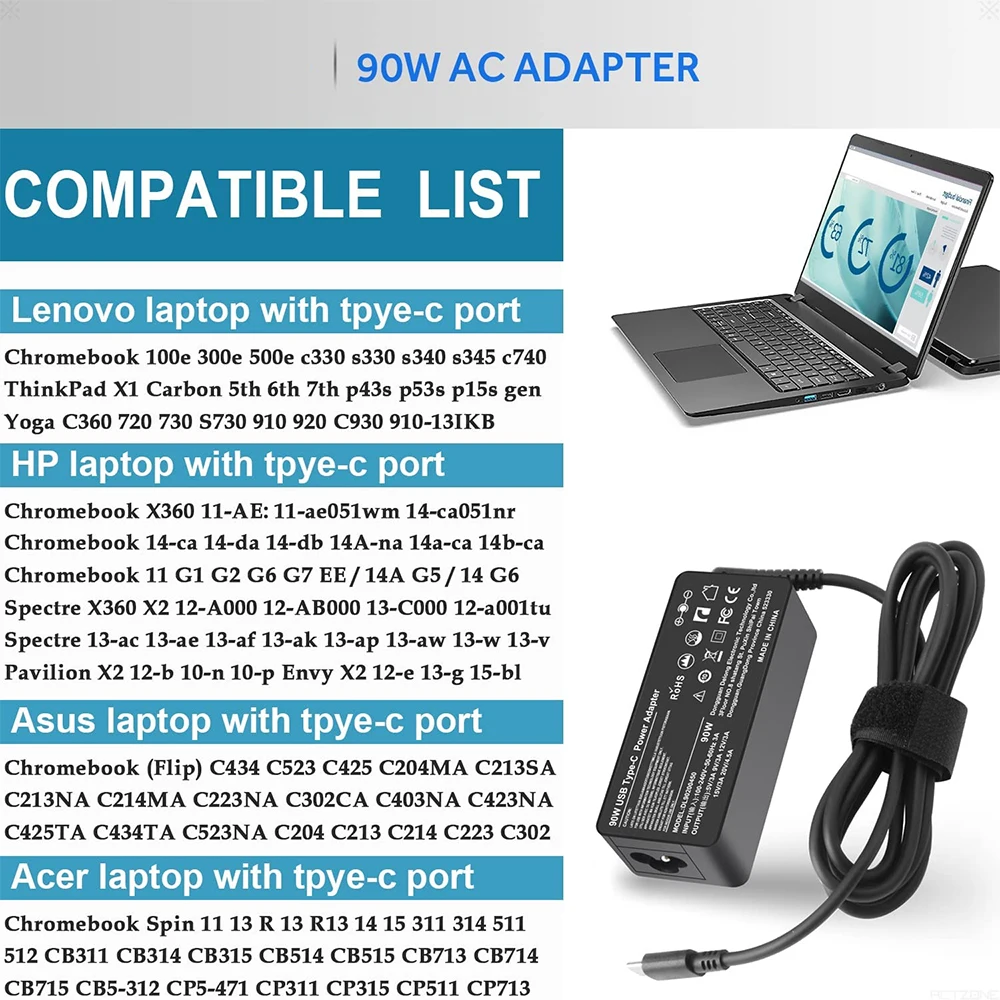 90W 20V USB-C AC Charger Laptop Adapter For HP Specter X360 Dell TDK33 Lenovo ThinkPad T480 T480s T580 T580s IdePad_voghion.com