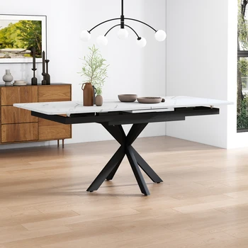 Tavolo da pranzo rettangolare, bastone espandibile, tavolino basso, 150/180x70x76 cm, design a piedi incrociati, struttura in marmo, bianco e nero 1