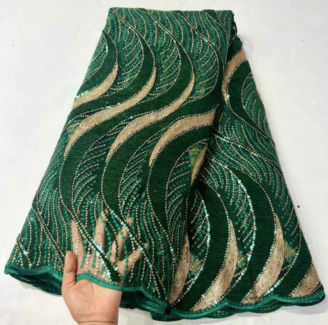 

African Velvet Double Sequinse French Tulle Lace Fabrics Embroidery Tassel Materials 5yards For Party Wedding Lady Dress Wear
