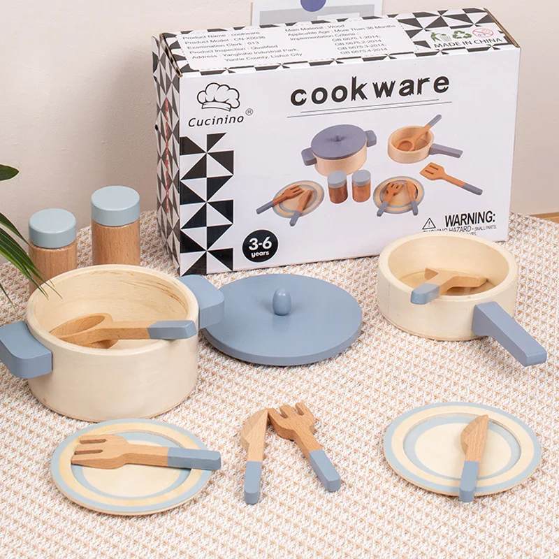 

Natural Wood Children's Preschool Toys Mini Kitchen Cookware Pot Pan Cook Play House Kitchenware Cognitive Toys Gifts