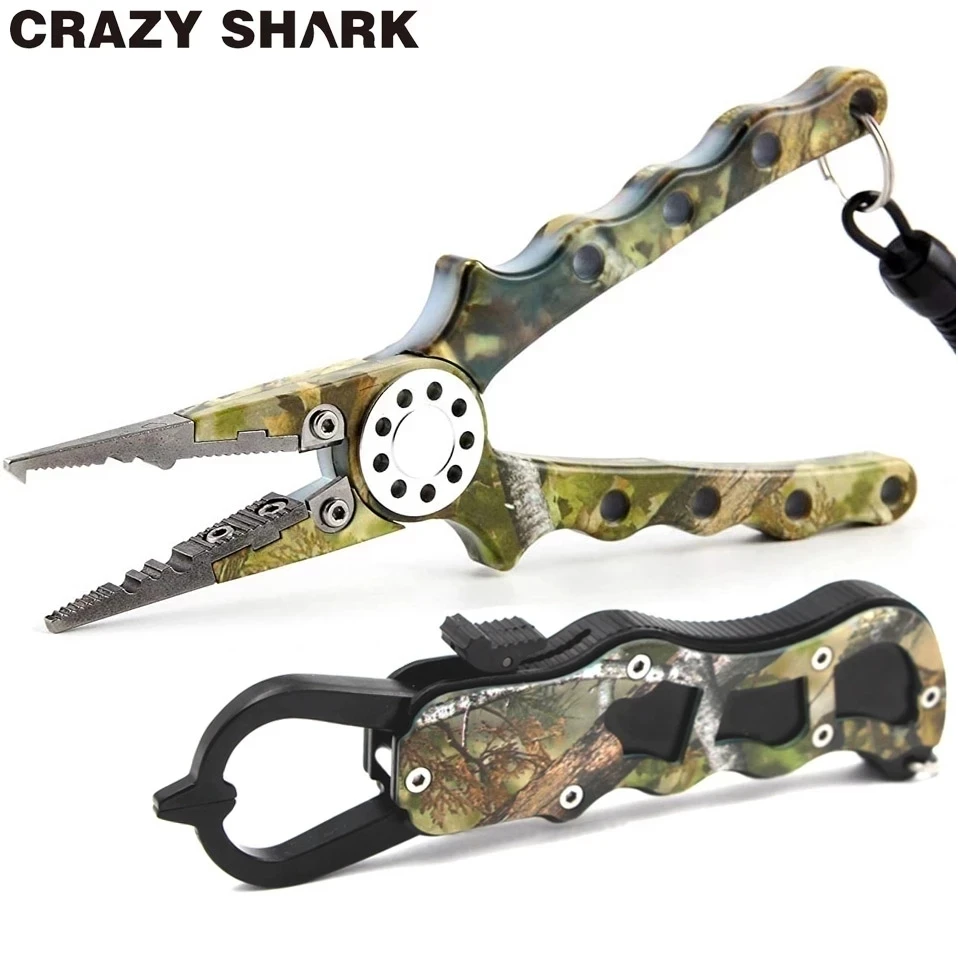 CrazyShark Camo Aluminum Alloy Fishing Pliers Fish Lip Grip Set Cutter Line  Remove Hook Split Ring Carp fish Goods For Fishing