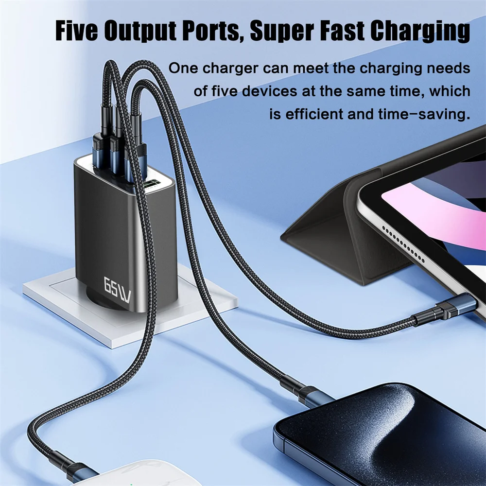 65W 5 Ports Fast Charging Charger USB C PD Quick Charger High Speed Charger Phone Type C Wall Adapter for iPhone Samsung Xiaomi