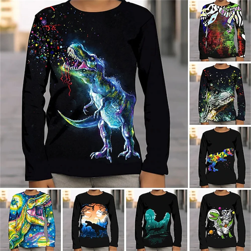 

T-Shirt For A Boy 2023 Autumn Children's Clothing 3d Dinosaur Oil Painting One Piece Boy Long Sleeve Tshirt Halloween Soccer Top