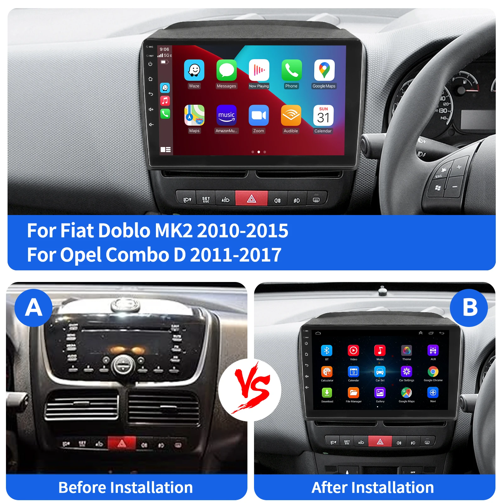Radio Estéreo para Auto MOPECT de 9 Pulgadas con Android 15, GPS, Navegación, Bluetooth, AM/FM, Carplay, 32G/64G para Fiat Doblo MK2 2010-2015/ Opel Combo D 2011-2017 4