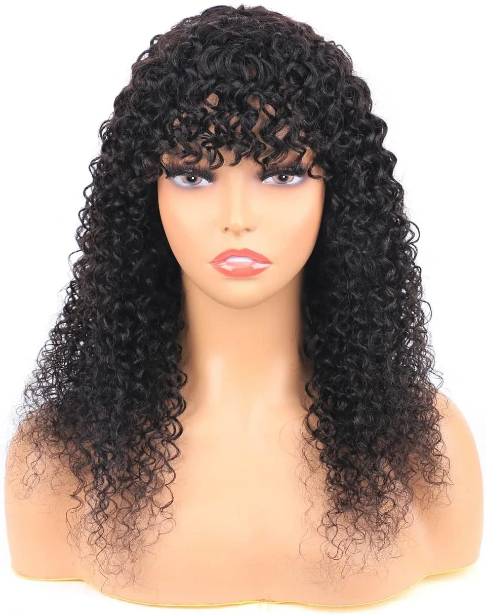 Jerry Curly Human Hair Wigs With Bangs Brazilian Remy Curly Human Hair Wigs For Women Full Machine Made No Lace Curly Fringe Wig