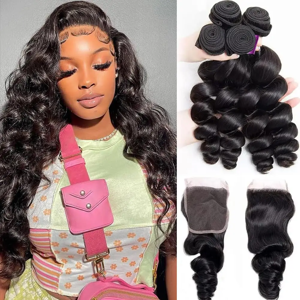 12A Loose Wave Human Hair Bundles With 4x4 Closure Hair Weave 3/4 Bundles With Lace Closure Wavy Human Hair Extensions 1
