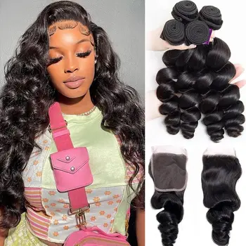 12A Loose Wave Human Hair Bundles With 4x4 Closure Hair Weave 3/4 Bundles With Lace Closure Wavy Human Hair Extensions 1
