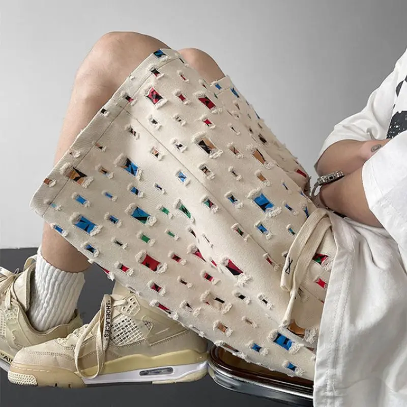 

Модные летние мужские хлопковые шорты в стиле хип-хоп, свободные спортивные повседневные американские перфорированные клетчатые шорты для студентов в Корейском стиле